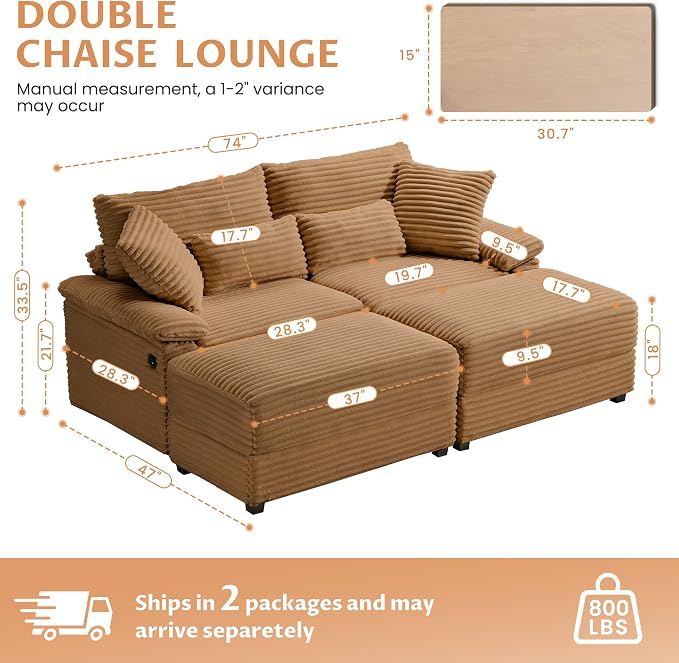 SUNWAVE 74" W Double Chaise Lounge Chair Indoor, Oversized Loveseat - Image 2