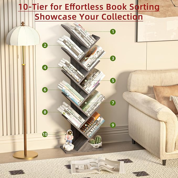 SHEEPAM 10 Tier Tree Book Shelf, Floor Standing Wood Bookshelf - Image 5