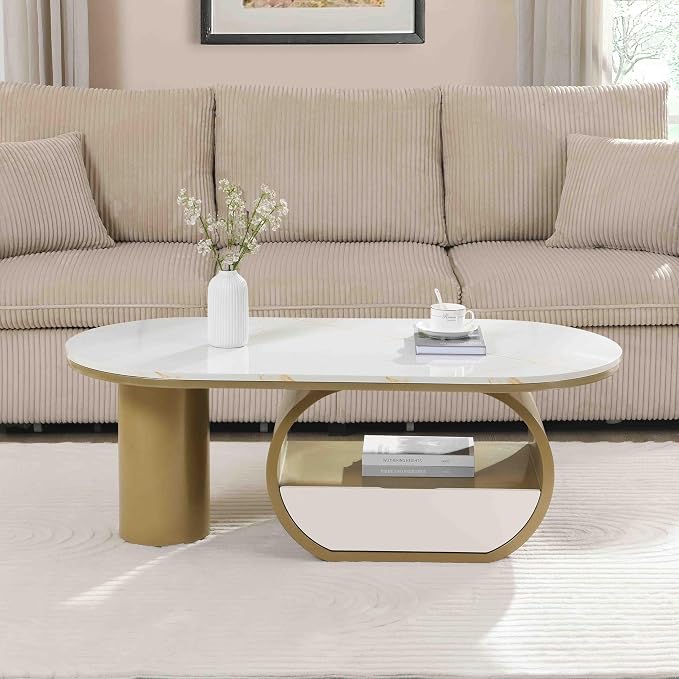 Modern Oval Coffee Table, 47.24" White Faux Marble Coffee Table - Image 3
