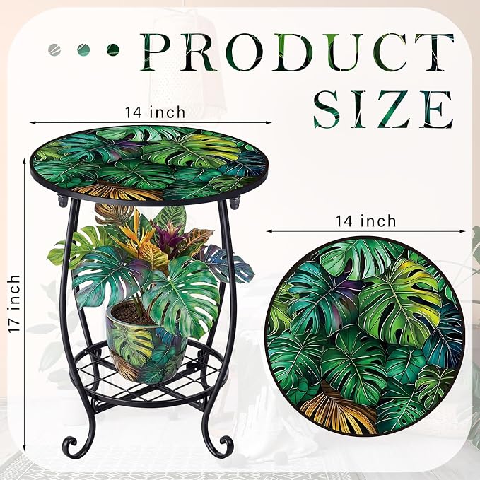 Cinnvoice Outdoor Side Table Round Small Mosaic Patio Accent Indoor End Plant - Image 3