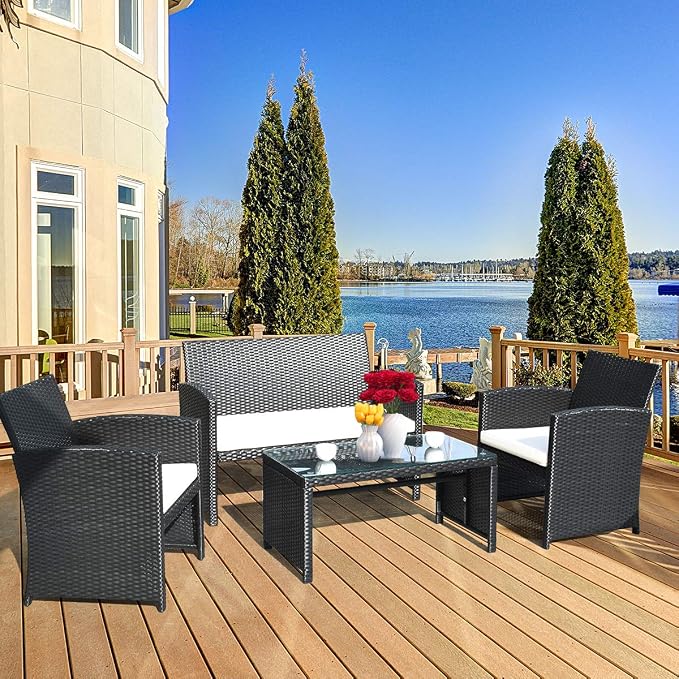 Tangkula Patio Wicker Conversation Furniture Set, Patiojoy Sofa & Table Set w/4 - Image 2