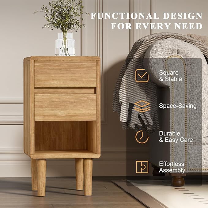 Nightstand 2 Drawers with Open Shelf Narrow Night Stand Solid Wood Bedside - Image 5