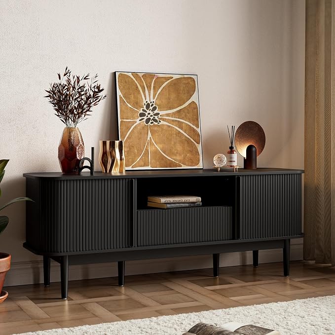 MAISONARIA 63" Black TV Stand, Fluted Entertainment Center - Image 8