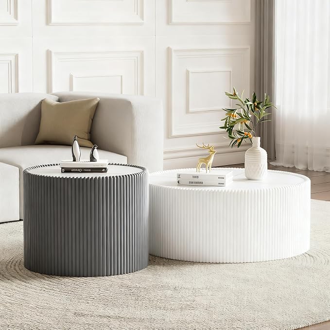 SSLine Round Drum Coffee Table Set of 2 Modern Sintered Stone Top Nesting by SSLine
