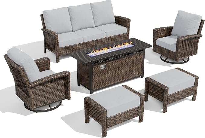 HERA'S HOUSE Grey Patio Furniture Set, High Back Wicker Sofa, Swivel Chairs - Image 9