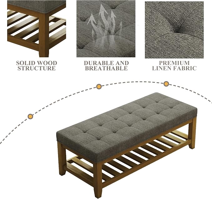Befurtori Large Rectangular Upholstered Ottoman Bench, Linen Tufted Footrest - Image 6