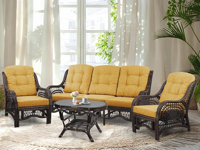Malibu Lounge Set of 4: 2 Natural Rattan Wicker Chairs, Three-Seater Sofa by Wickerix