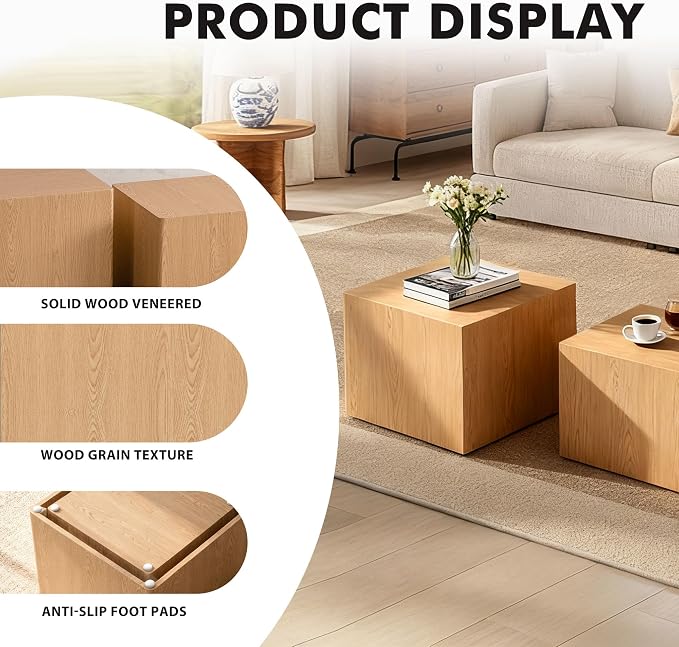Square Nesting Tables for Living Room, Nesting Coffee Table Wood Grain Veneer - Image 3
