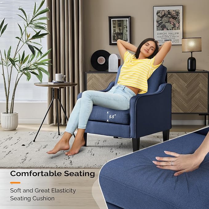 VINGLI Navy Blue Accent Chairs for Living Room, Line Comfy Upholstered Chair - Image 6