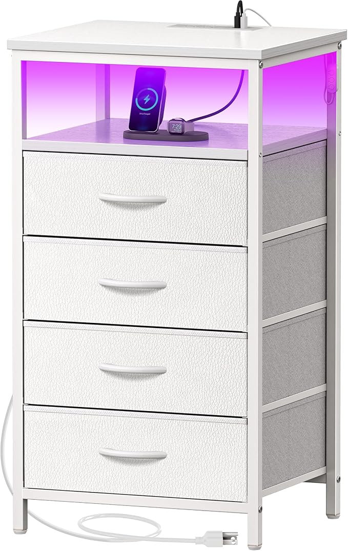 Huuger Night Stand with Charger Station and LED Lights, 4 Drawer Nightstand by Huuger