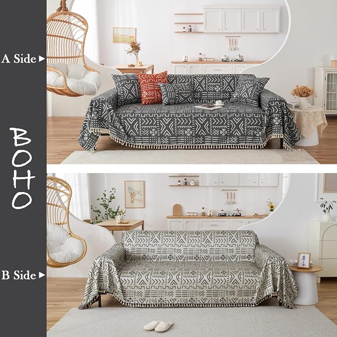HANDONTIME Black White Boho Sofa Cover Geometric Farmhouse Tassel Couch Covers - Image 2