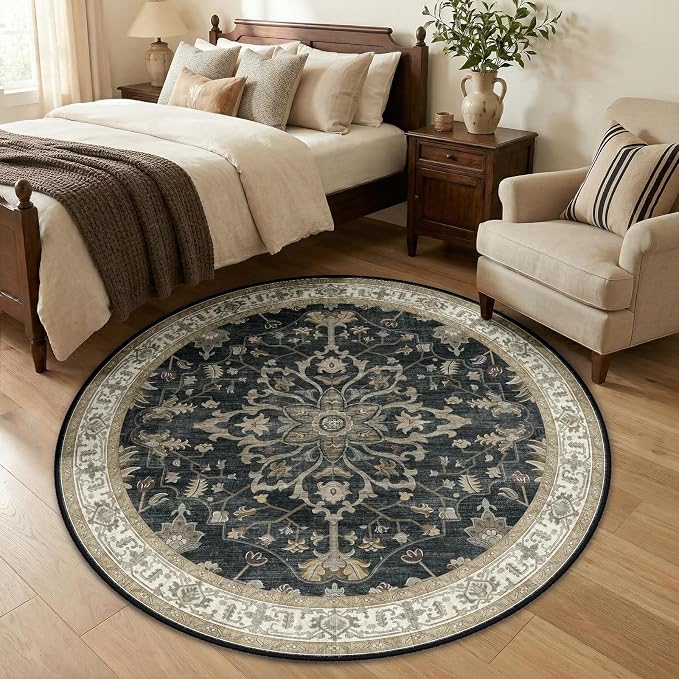 RELEANY Area Rugs Round 5ft Washable Non-Slip, Floral Vintage Distress Print by RELEANY