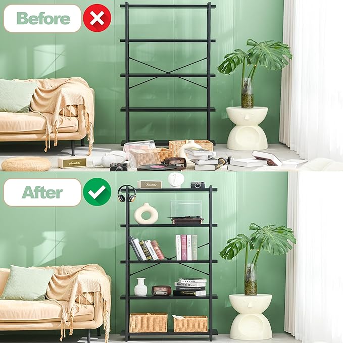 HCHQHS Bookshelf, 5-Tier Industrial Bookcase, Freestanding Tall Bookshelves - Image 5