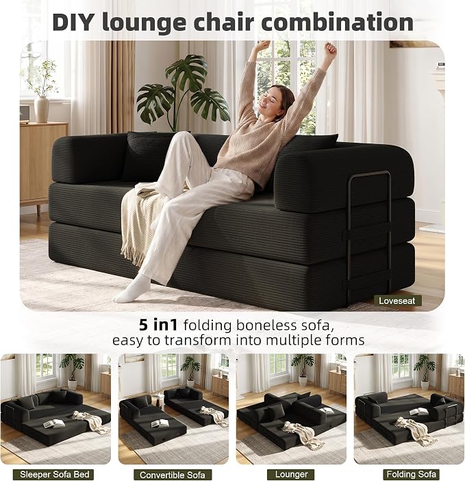 79in Convertible Sofa Bed, Corduroy Boneless Couch Bed, Futon Sleeper Sofa Pull - Image 3