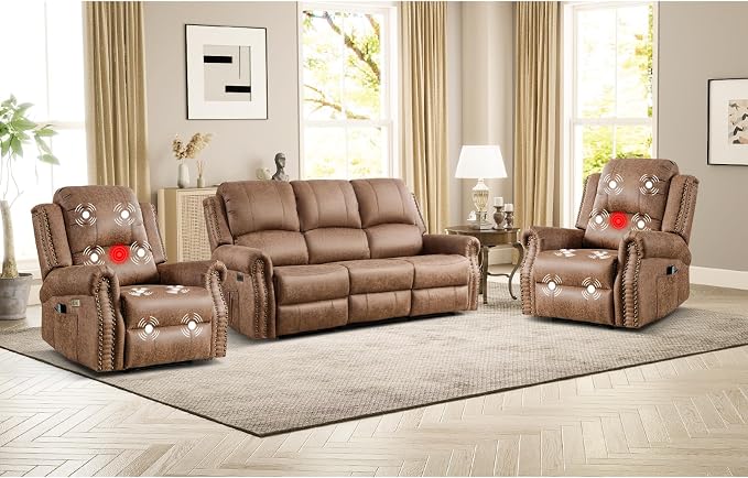 EBELLO Faux Leather Power Living Room Furniture Set, Included 2 Reclining 1 by EBELLO