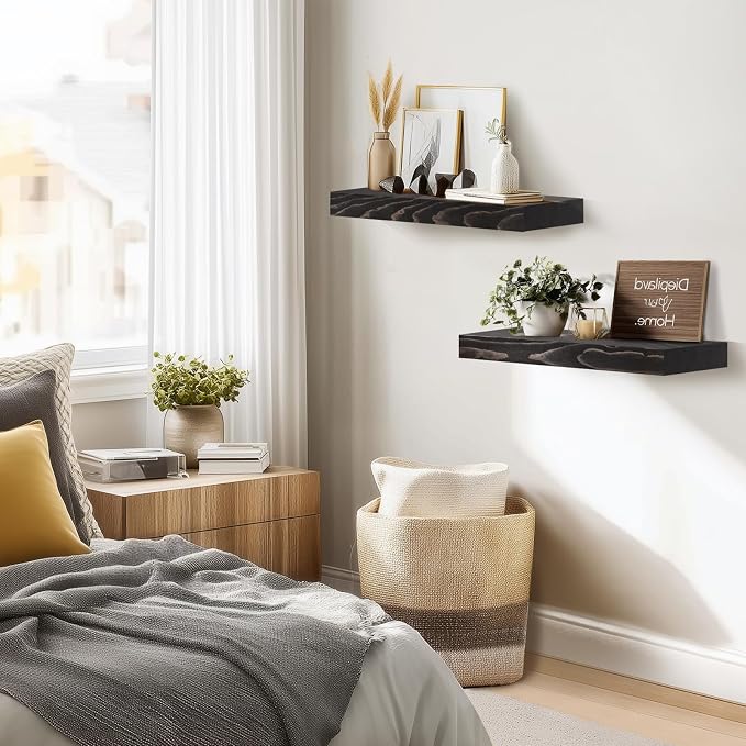 17x8x1.6 inch Floating Shelves Set of 2 – Solid Wood Rustic Black Wall Mounted - Image 7