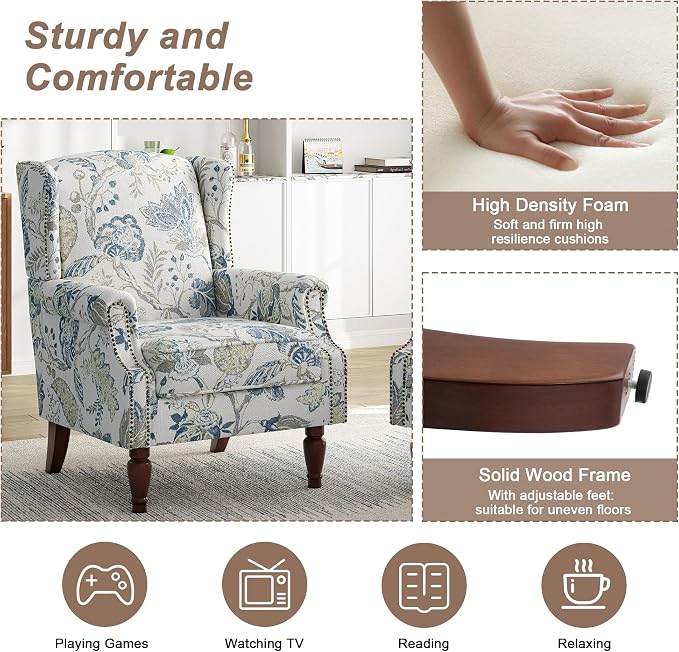 Pia Ricco Set of 2 Floral Accent Chairs, High Back Upholstered Armchairs - Image 4