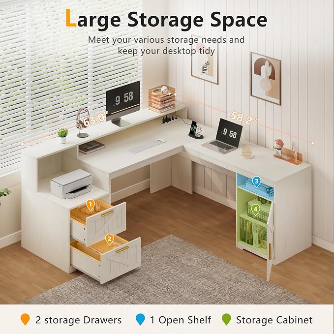YOMILUVE 63" Farmhouse L Shaped Executive Desk - Image 4