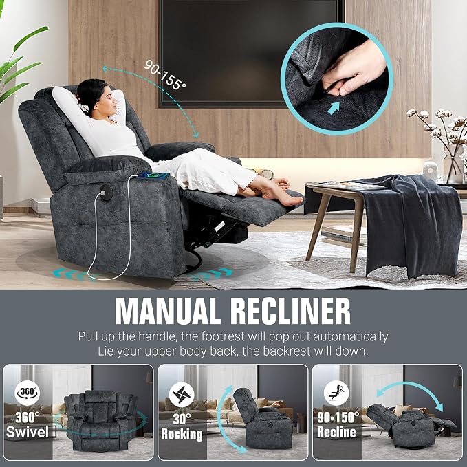 LEVELEVE Retro Rocking Recliner Chair, Massage Rocker Recliner Chair - Image 4