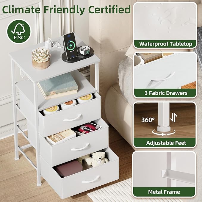 Somdot White Nightstand with Charging Station and LED Light - Image 6
