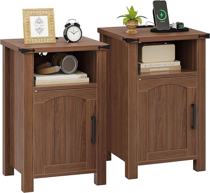 Farmhouse Nightstand with Charging Station, Rustic Bedside Table with Large by Decofy