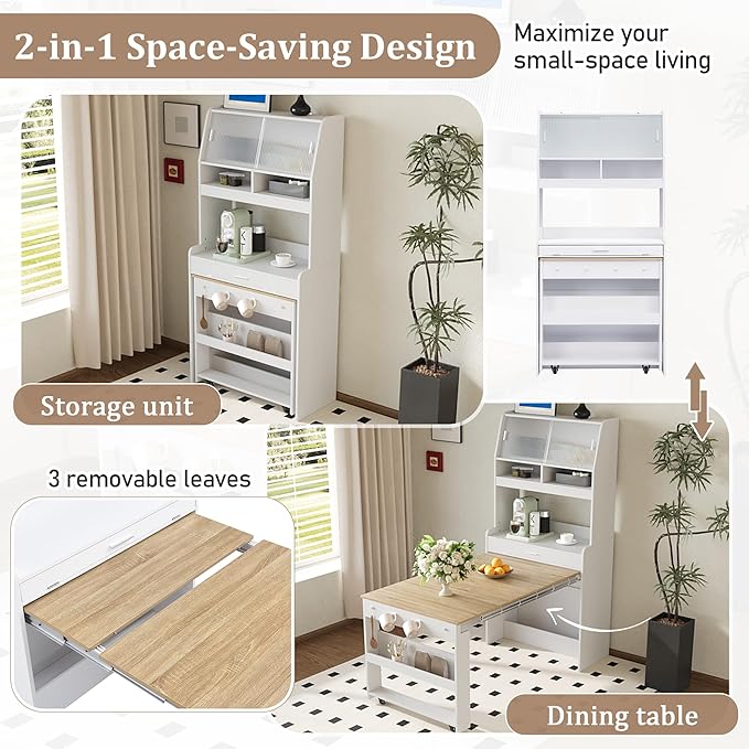 Spaco 2-in-1 Folding Dining Table and Buffet Cabinet Set, Compact Pull-Out - Image 4
