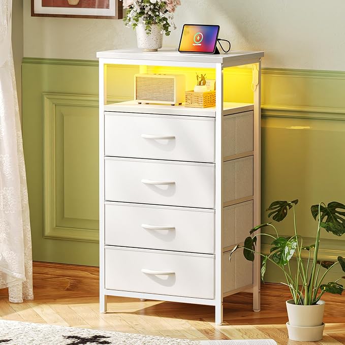 Huuger Night Stand with Charger Station and LED Lights, 4 Drawer Nightstand - Image 2