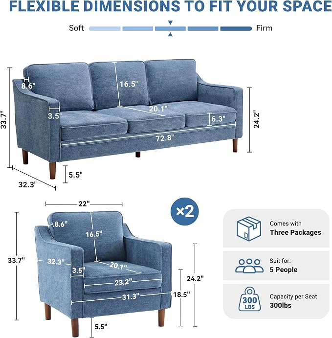 Kingfun Living Room Furniture Sets, 3 Seater Couch and 2 Armchair, Mid Century - Image 2