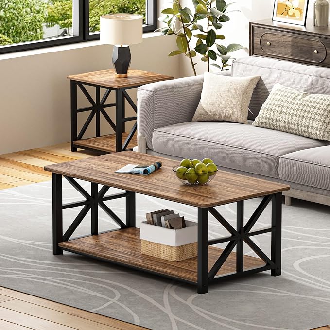 GreenForest Coffee Table with Round Corner, Farmhouse Center Table with 2-Tier - Image 2