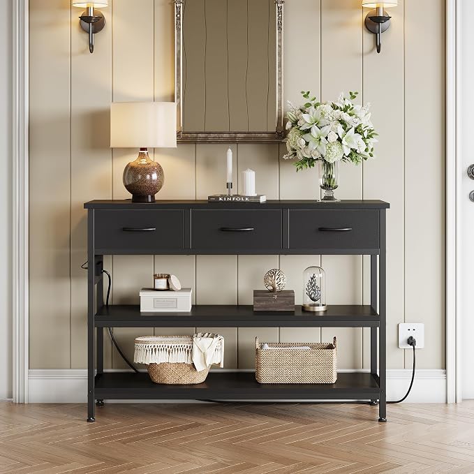 Lulive Entryway Table with Power Outlets, Console Table with 3 Fabric Drawers - Image 4