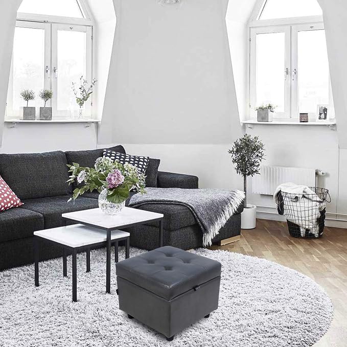 H&B Luxuries Tufted Leather Square Flip Top Storage Ottoman Cube Foot Rest - Image 2