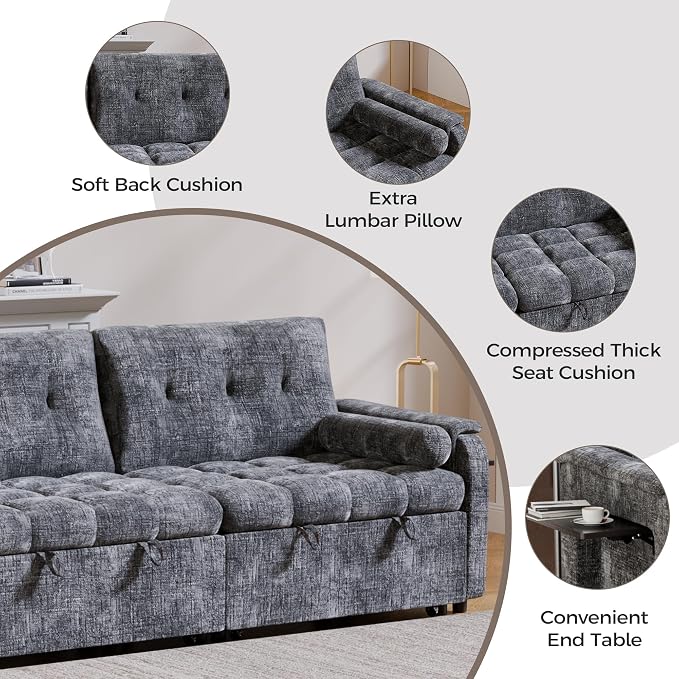 Convertible Sleeper Sofa Bed, 86 Inch Chenille Pull Out Couch - Image 3
