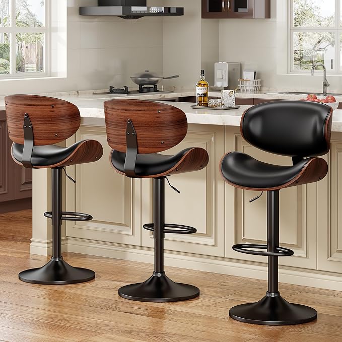 YaFiti Bar Stools Set of 3, Bentwood Adjustable Height Swivel Bar Stools by YaFiti