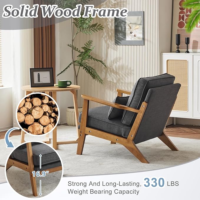 VINGLI Solid Wood Wide Armrests Accent Chair Set of 2, Upholstered Mid Century - Image 4