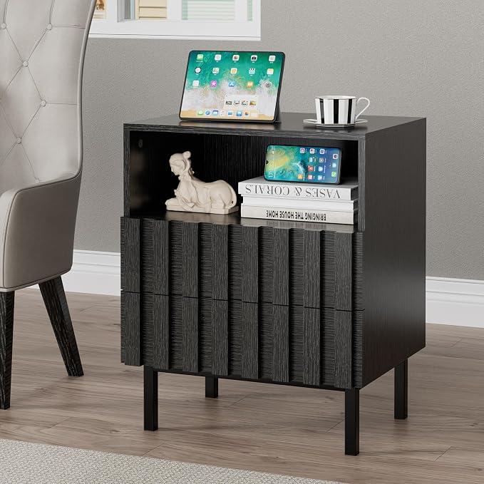 UEV Mid Century Modern Fluted Nightstand Set of 2, 2 Drawers End Table - Image 7