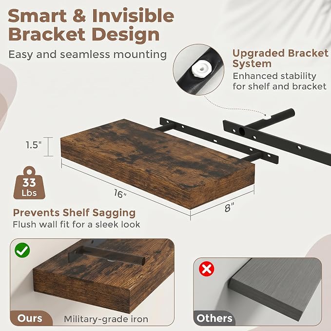 FLYJOE Floating Shelves for Wall, 16 Inch Floating Shelves Set of 2, Kitchen - Image 2