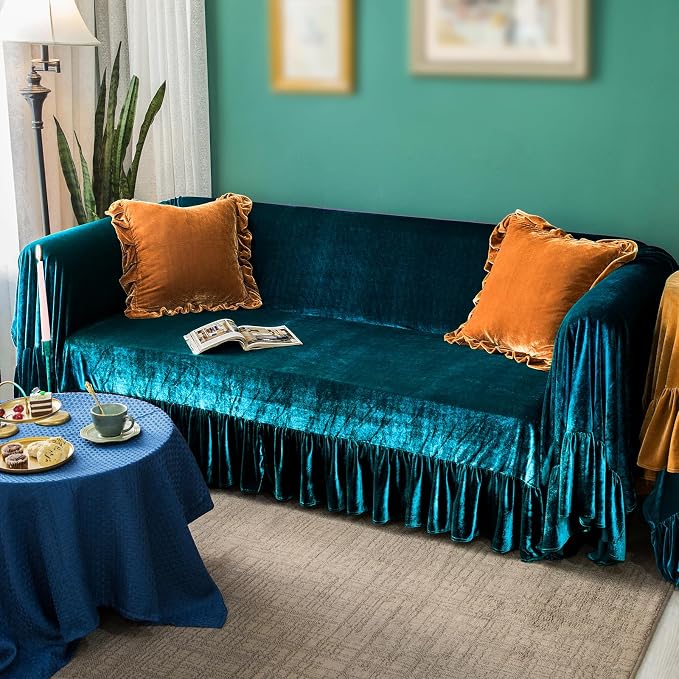 GLORY SEASON Velvet Sofa Cover Soft Decorative Luxurious Solid Exquisite Ruffle - Image 7