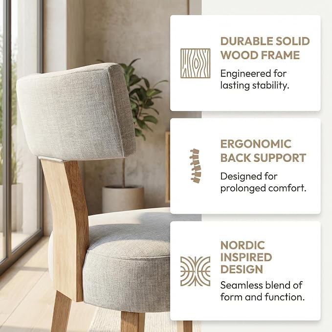 HNY Set of 4 Mid Century Modern Dining Chairs, Farmhouse Linen Fabric - Image 4