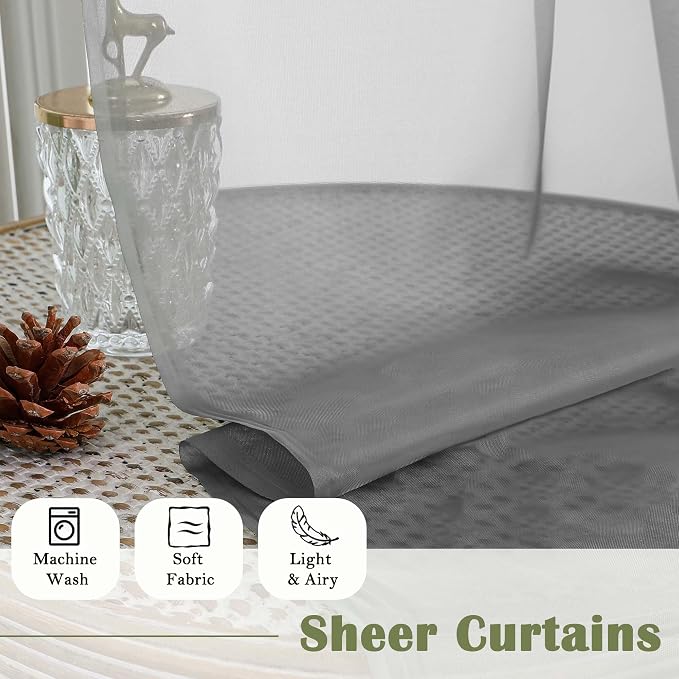 Lecloud Charcoal Grey Sheer Curtains 120 Inches Long 2 Pcs, Light Filtering Rod - Image 8