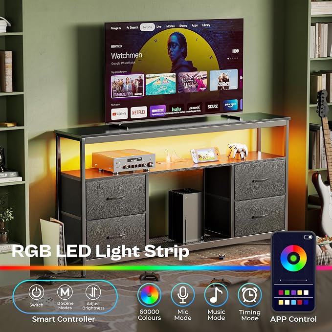 Huuger TV Stand Dresser with Power Outlets and LED Lights, 4 Drawers - Image 2