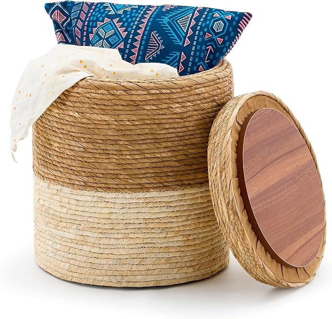 Wimarsbon Round Pouf Ottomans, Handwoven Natural Water Hyacinth Seagrass Pouffe by Wimarsbon