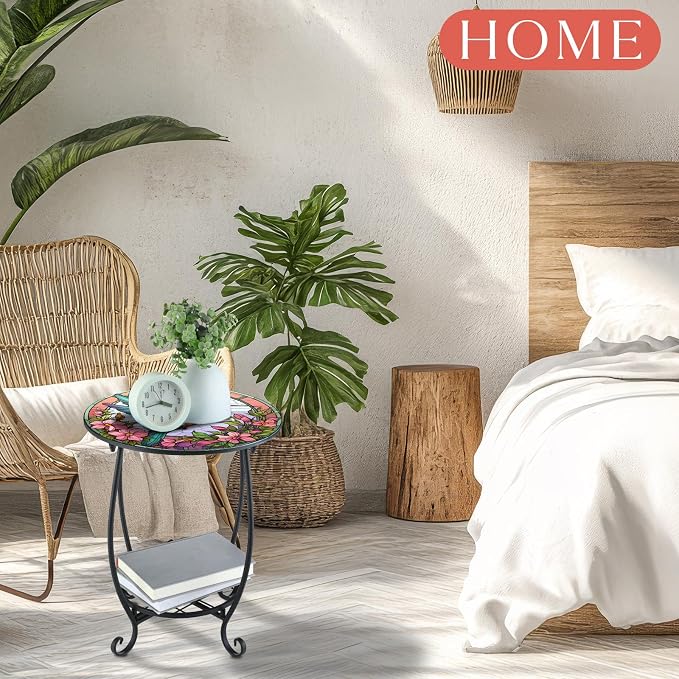 Cinnvoice Outdoor Side Table Round Small Mosaic Patio Accent Indoor End Plant - Image 5
