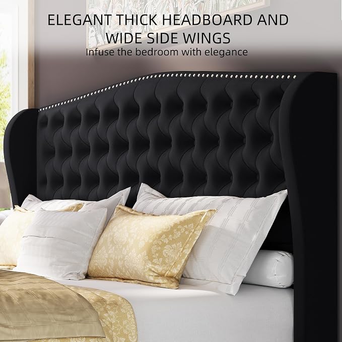 BRELTAM Upholstered King Size Bed Frame Velvet Black Tufted Platform Bed Frame - Image 3