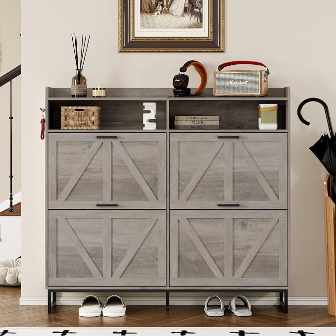 BORNOON Shoe Cabinet with 4 Flip Drawers Narrow Shoe Storage Cabinet Organizer - Image 4