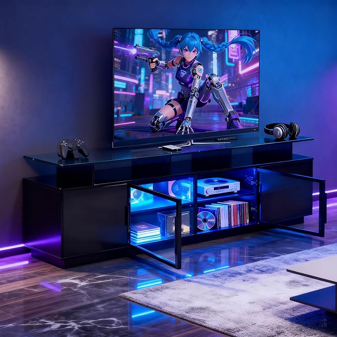 70 Inch Black TV Stand for Living Room, LED Entertainment Center for Gaming - Image 5
