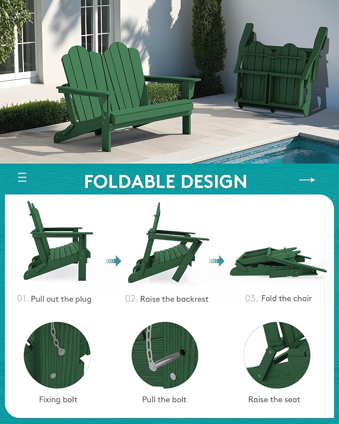 SERWALL 3 Pieces Patio Adirondack Bench Set, 2 Folding Adirondack Bench & 1 - Image 4