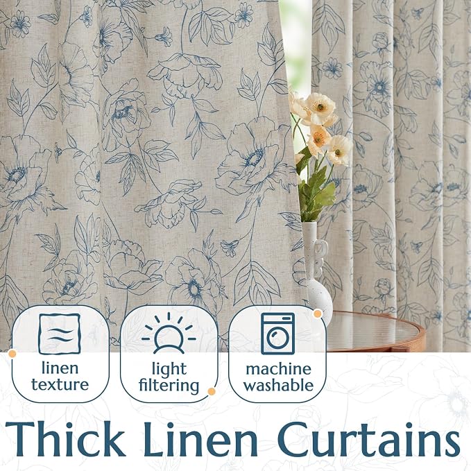jinchan Floral Linen Curtains for Living Room 96 Inch Length Blue Flower - Image 3