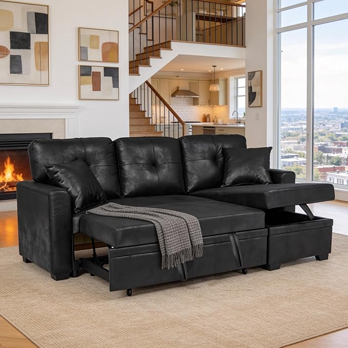 Eafurn Faux Leather Tufted Convertible Sleeper Sectional Sofa Bed, 3 Seater L - Image 2