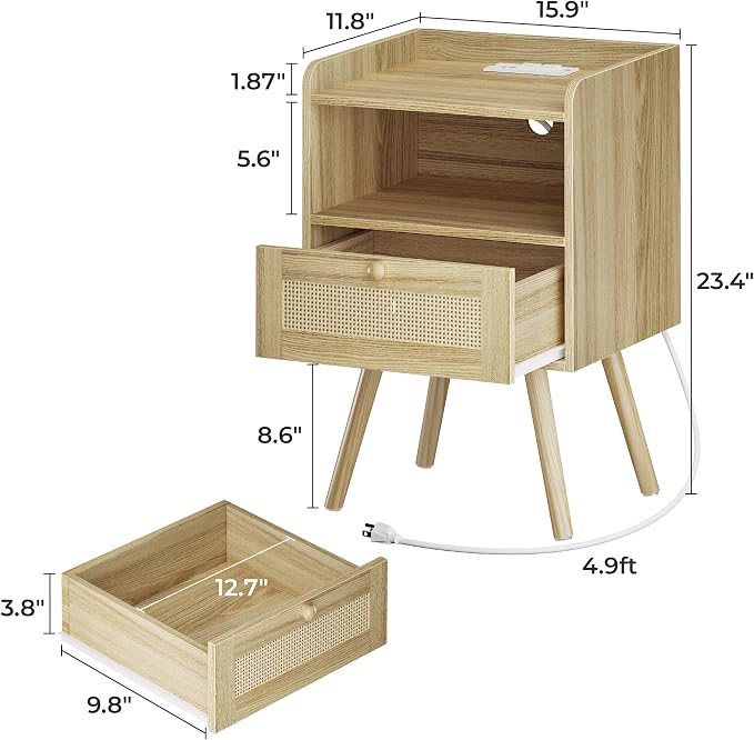 SUPERJARE Nightstand with Charging Station & Rattan-Like Decor Drawer, Rattan - Image 3