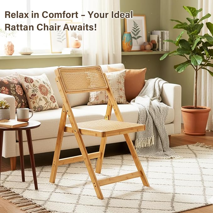 Furlide Rattan Folding Chairs, Modern Mid Century Dining Chairs Set of 2 - Image 9